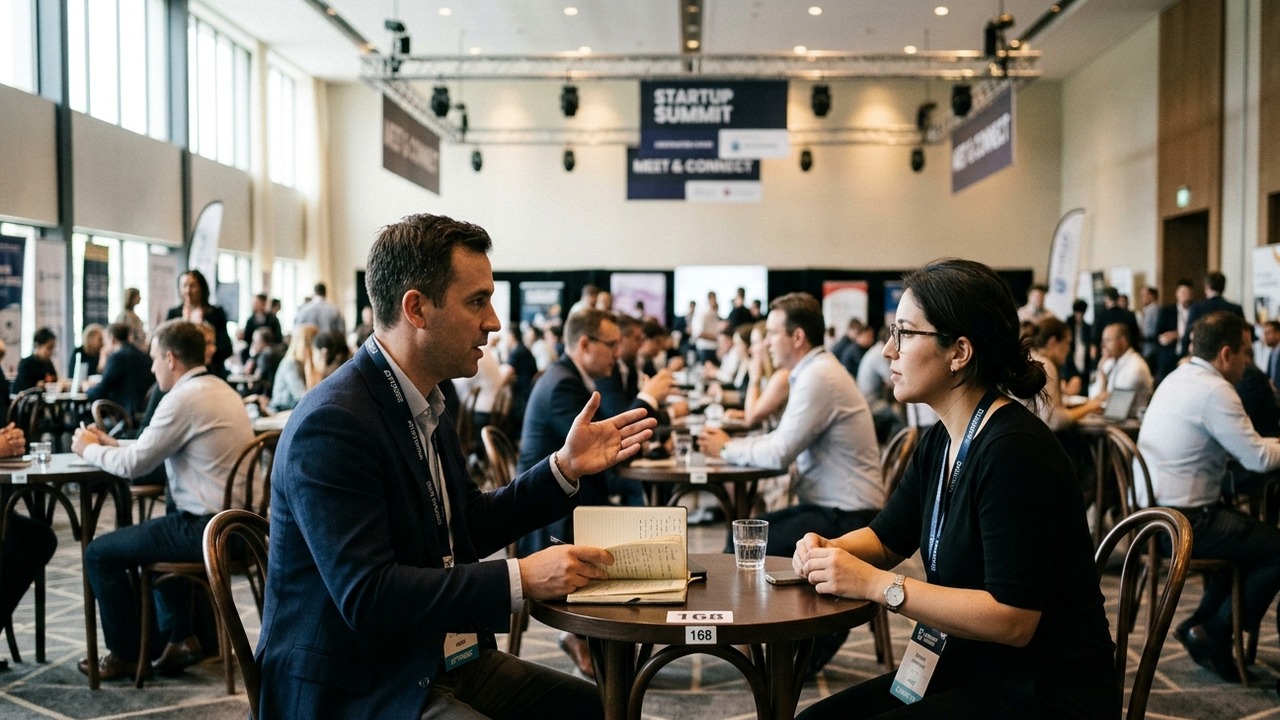 KI-generiertes Titelbild: zwei Personen im Gespräch an einem Networking-Tisch auf einem Startup-Summit